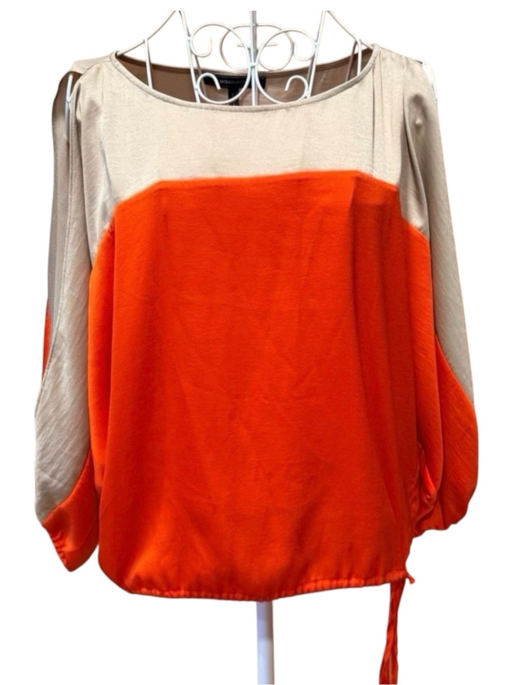 BCBG Max Azria Colorblock Satin Dolman Top Orange Tan Gathered Waist S
